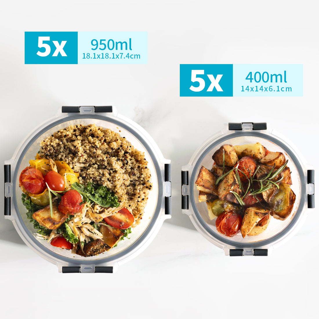 Round Glass Containers with Airtight Lids - 950ml & 400ml - 10 PACK