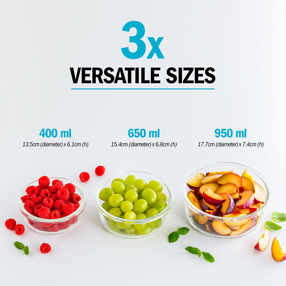 Glass Stackable Round Containers - 950ml 650ml & 400ml - 3 PACK