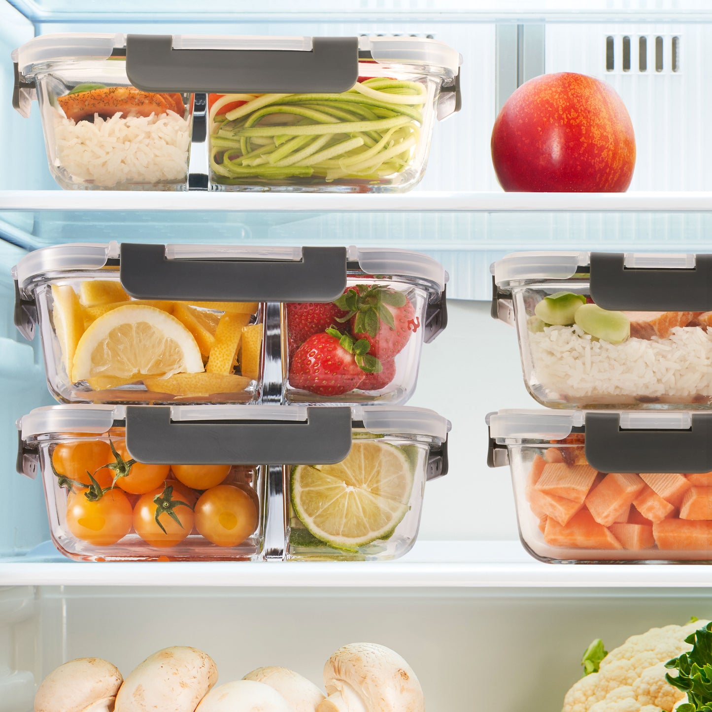 2-Compartment Glass Container with Airtight Lids - 980ml - 3 PACK