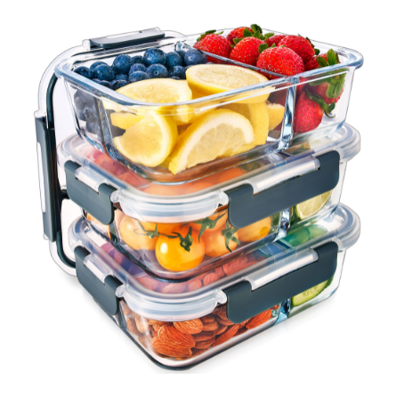 3 Compartment Glass Meal Prep Containers with Locking Lids - 3 Pack