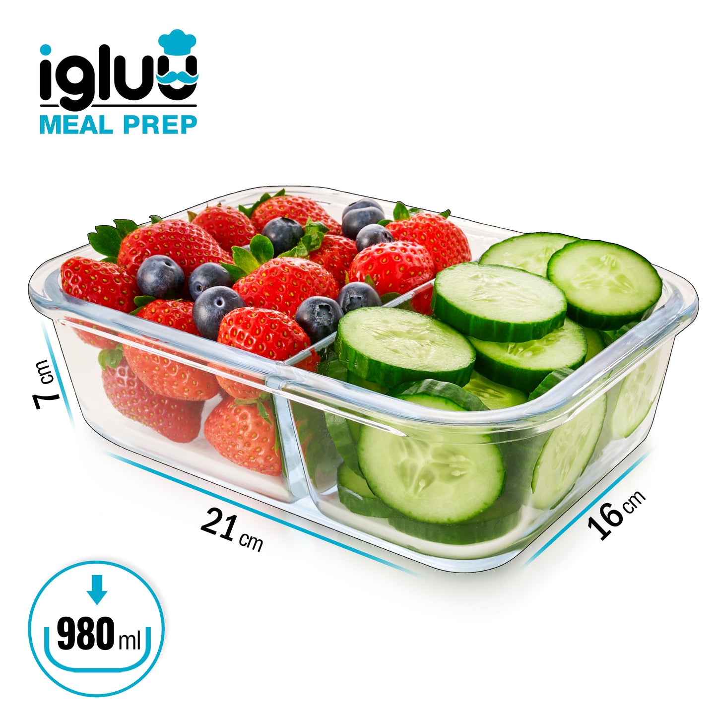 2-Compartment Glass Container with Airtight Lids - 980ml - 3 PACK