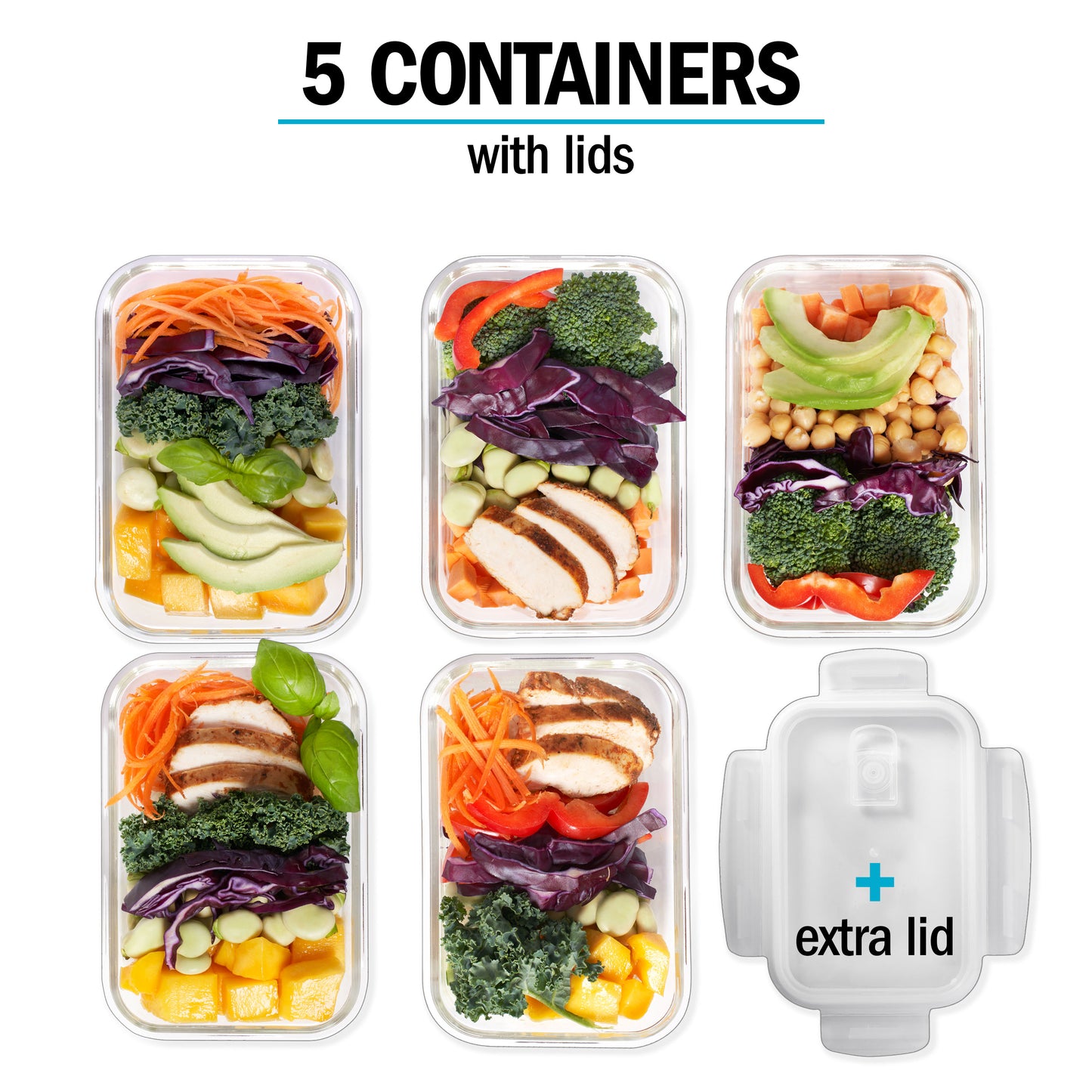 1 Compartment Glass Meal Prep Containers with Steam Vent Lids - 5 Pack + 1 Spare Lid