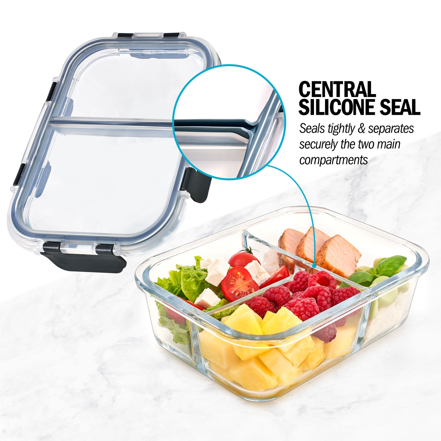 3 Compartment Glass Meal Prep Containers with Locking Lids - 3 Pack