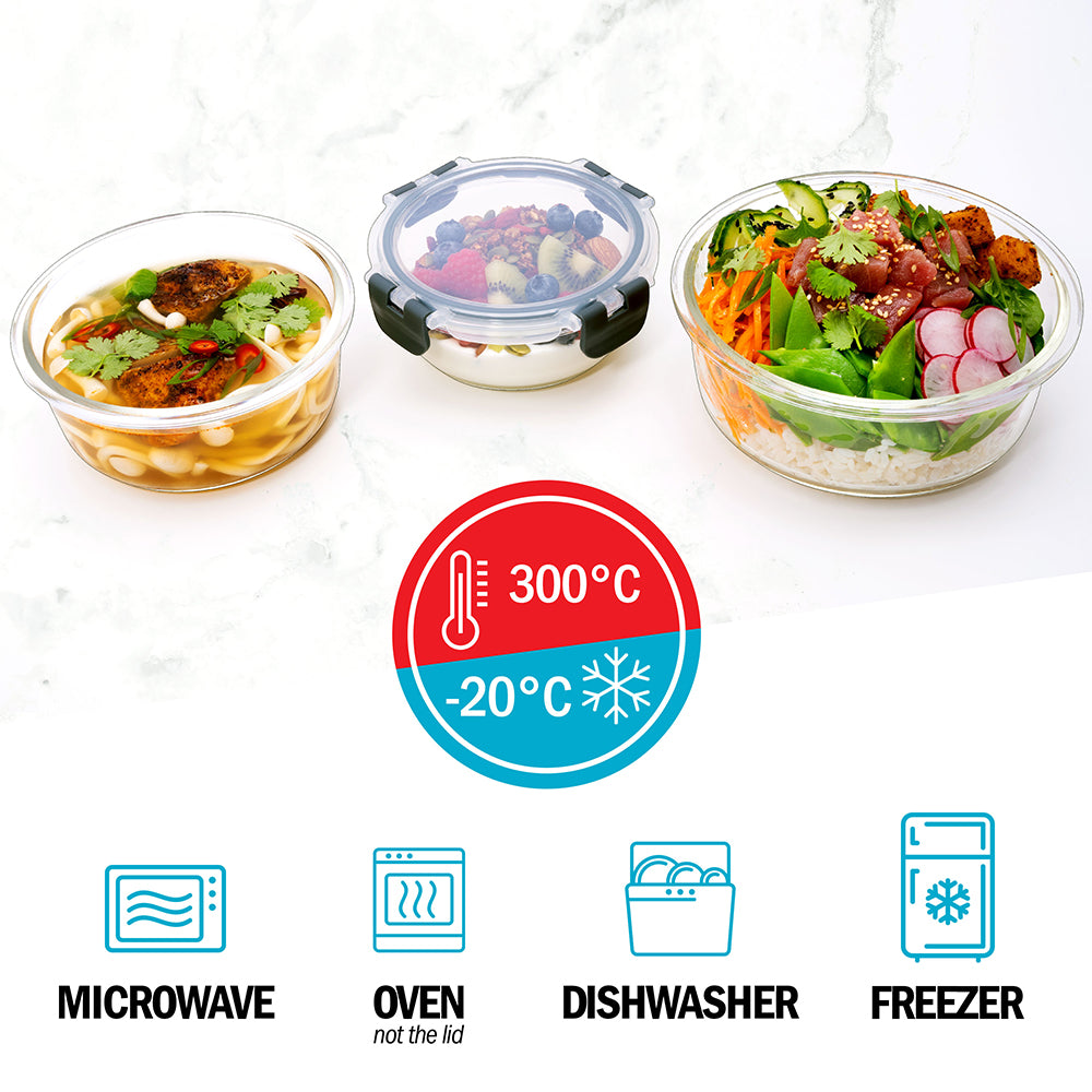 Glass Stackable Round Containers - 950ml 650ml & 400ml - 3 PACK