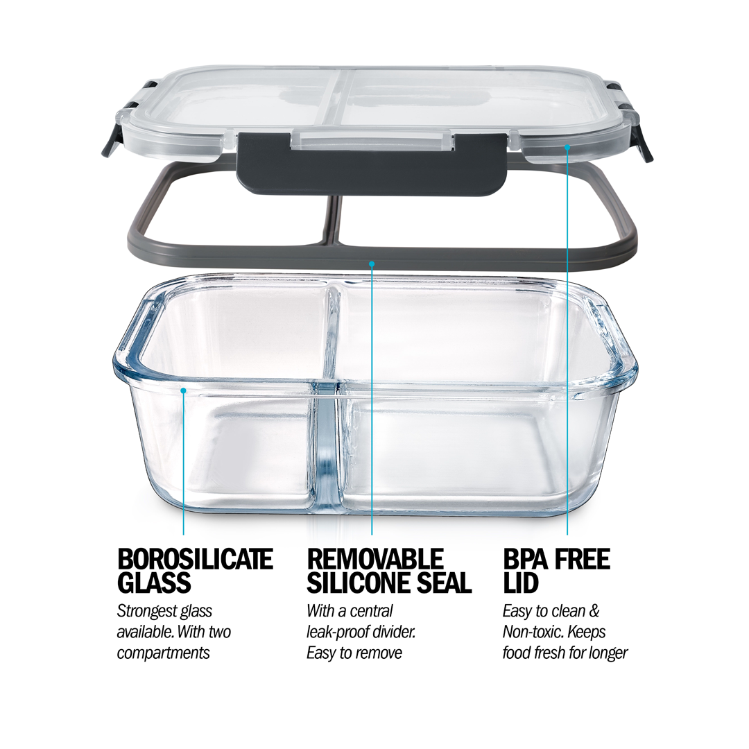 2-Compartment Glass Container with Airtight Lids - 980ml - 3 PACK