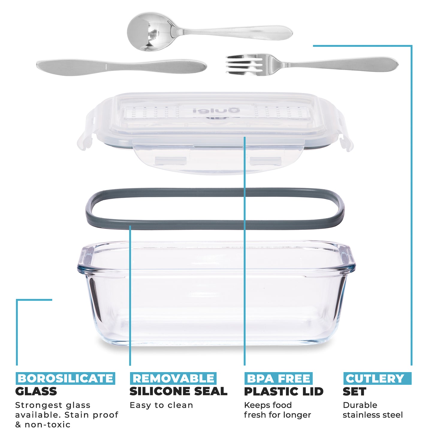 Glass Containers with Cutlery Lid Compartment -3 Pack