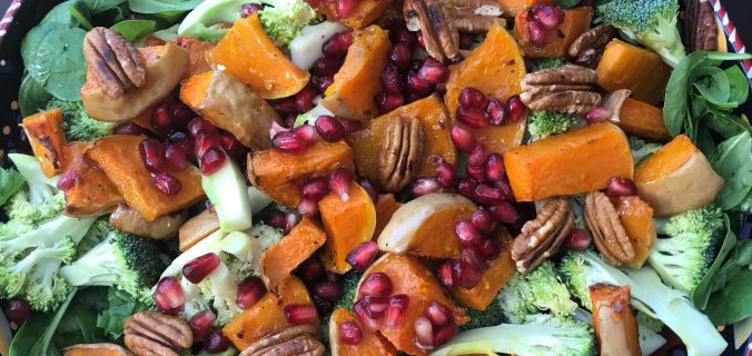 Roasted butternut squash, broccoli and pecan salad