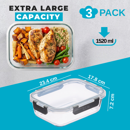 Glass Food Storage Containers with Airtight Lids - 1520ml - 3 Pack