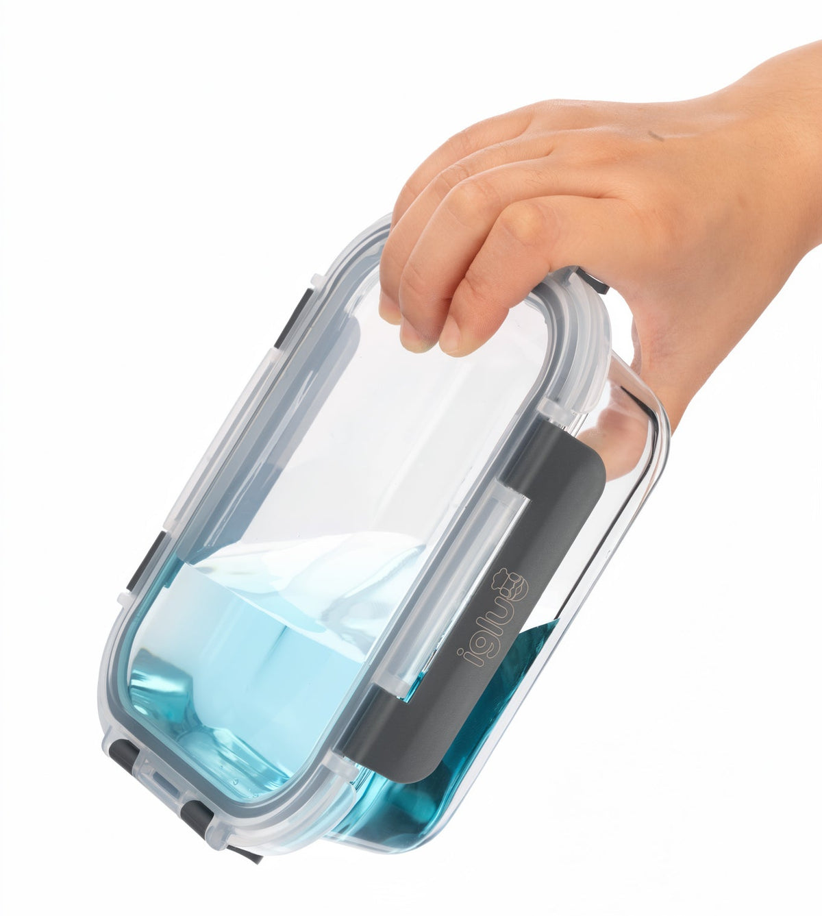 A hand holding a clear plastic lunch container with a transparent lid and a dark gray seal, shown against a plain white background.
