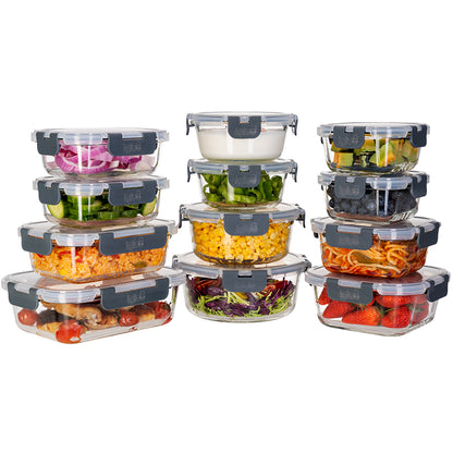 12-Set Glass Food Storage Container with Airtight Snap Locking Lids