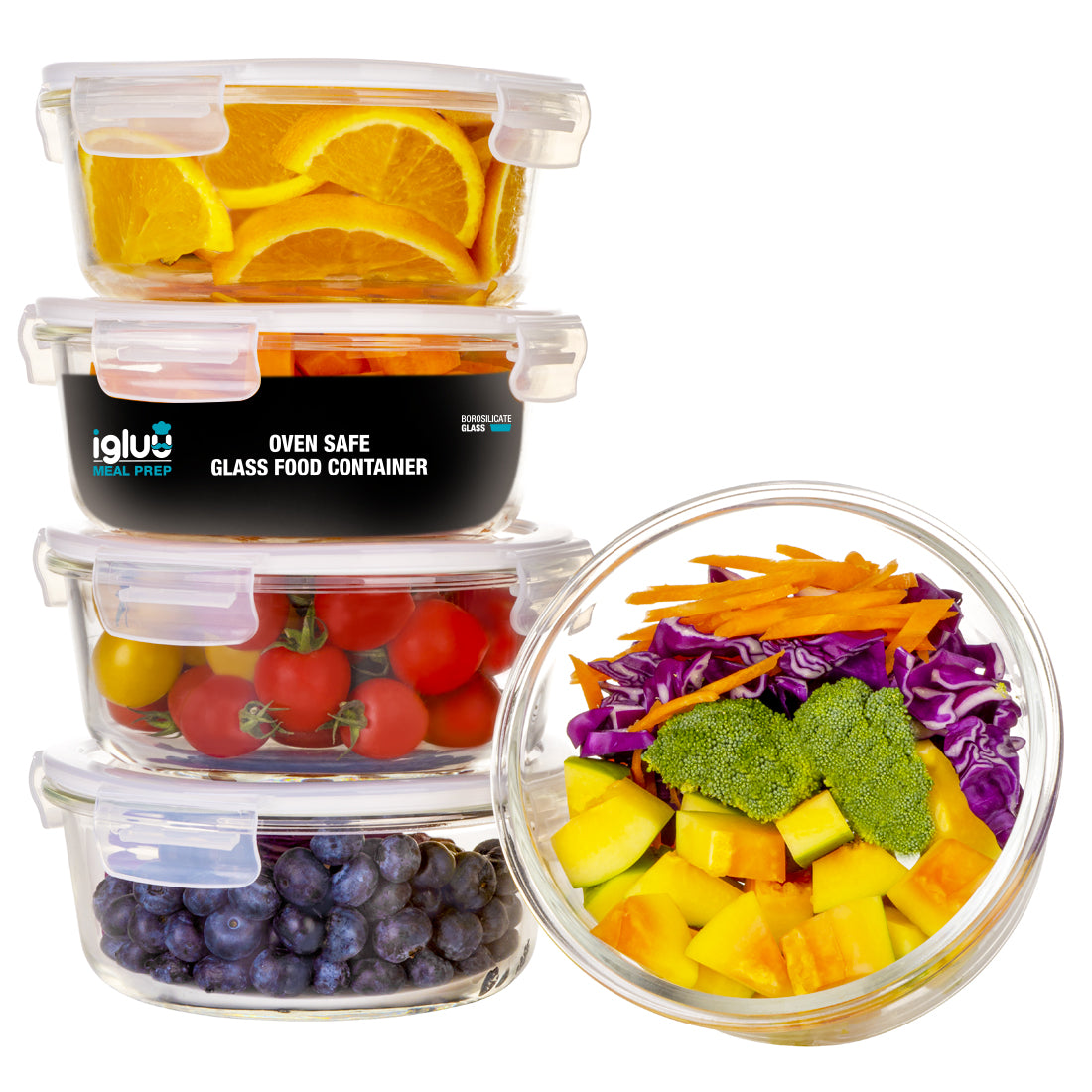 Biosmart Containers Round Round Glass Containers with Steam Vent Lid - 950ml - 5 PACK + 1 extra ...