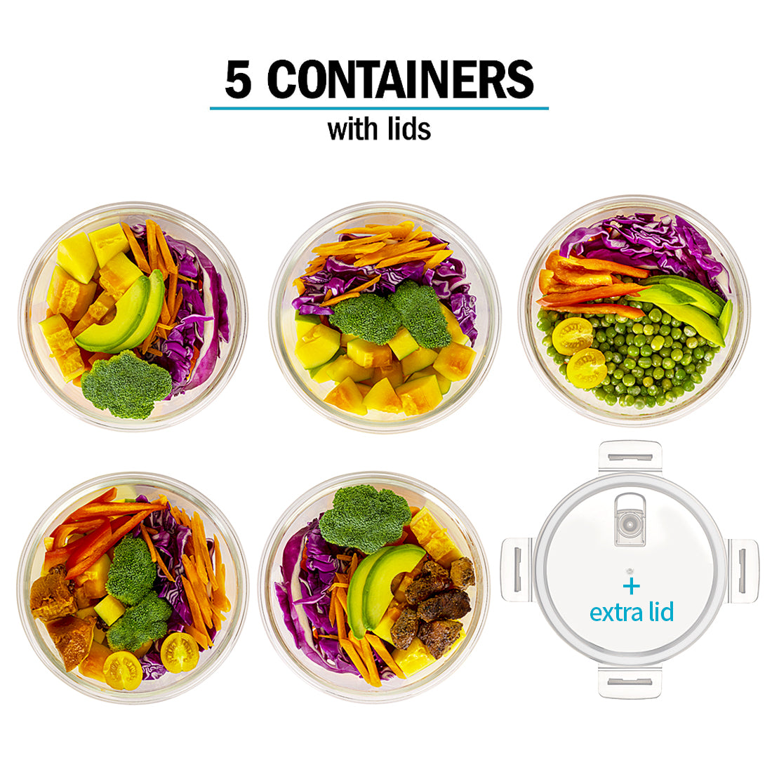 Steamable Containers Round Glass Containers with Steam Vent Lid - 950ml - 5 PACK + 1 extra ...