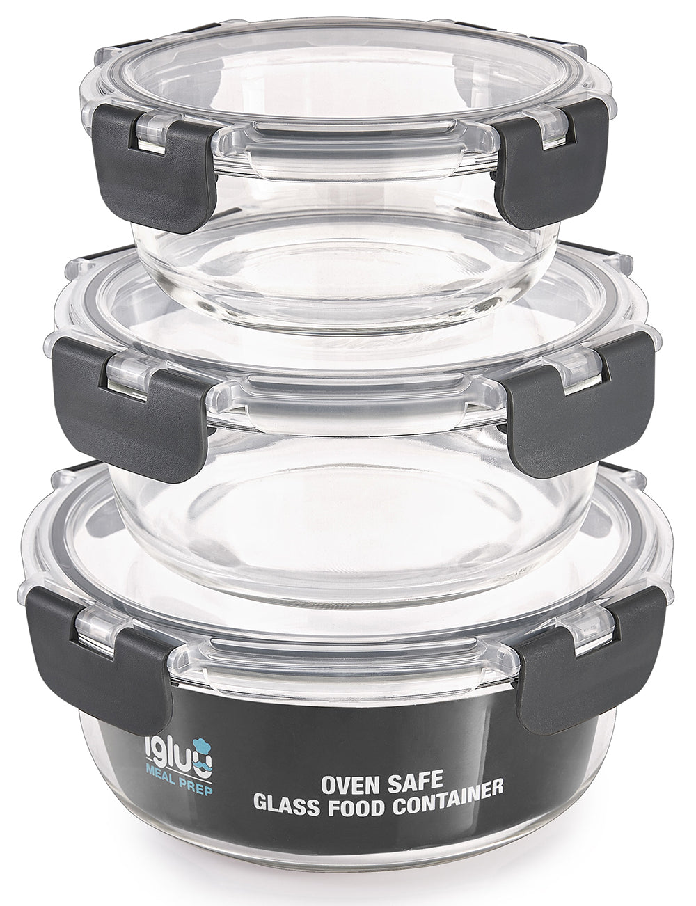 Round Glass Meal Prep Containers with Locking Lids - 3 Pack