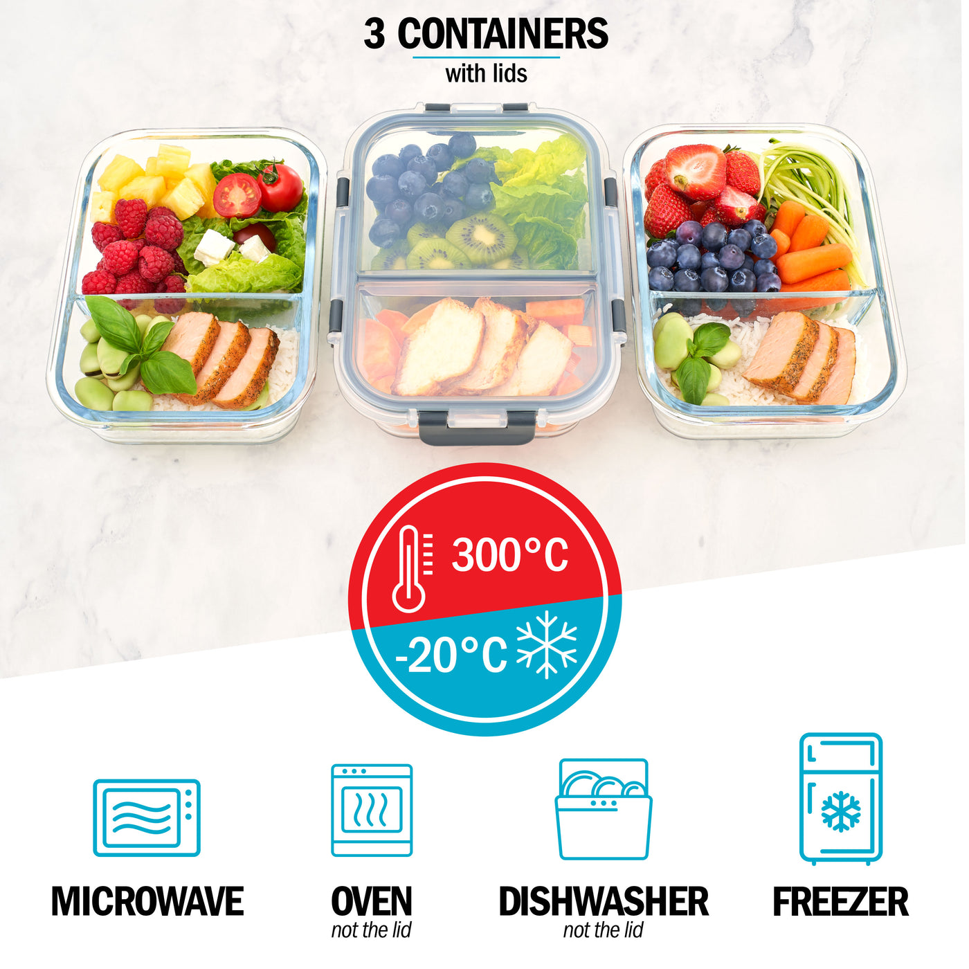 2 Compartment Glass Meal Prep Containers with Locking Lids - 3 Pack