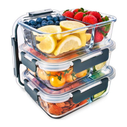 3-Pack] Glass Meal Prep Containers 3 Compartment - Glass Food Storage  Containers - Glass Storage Containers with Lids - Divided Glass Lunch  Containers Food Con…