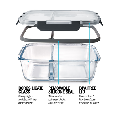 2 Compartment Glass Meal Prep Containers with Locking Lids - 3 Pack