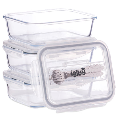 Glass Containers with Cutlery Lid Compartment -3 Pack