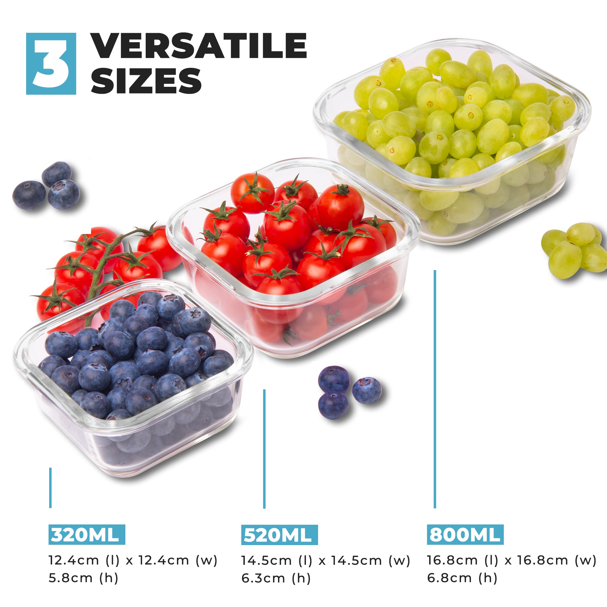 Glass Stackable Square Containers - 800ml 520ml & 320ml - 3 PACK ...